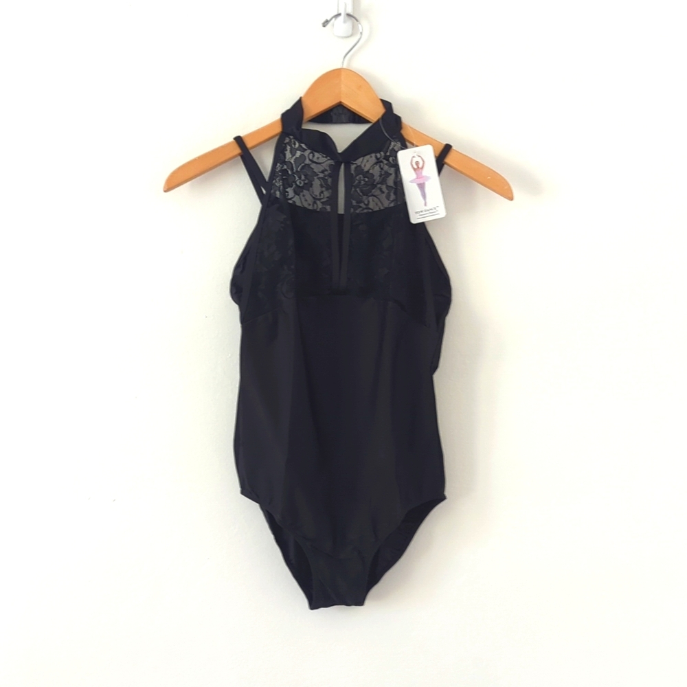 (3) NWT New Black Mesh Lace Halter Leotard Dance Gymnastics Bodysuit Sz Medium - Picture 6 of 12